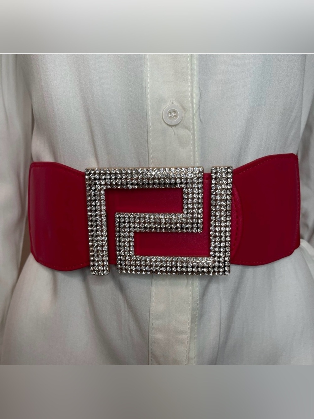 Red PU leather square  buckle with rhinestones details elastic waistband belt